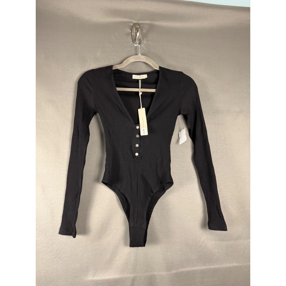 Makers of Dreams Bodysuit Women Small Black Ribbed Henley V-Neck JS-110 NEW